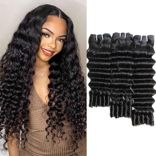 SWEETGIRL Deep Wave Human Hair Bundles Burmese Curly Bundles Human Hair Quick Weave with Spiral End Sew in Hair Extensions, Real Virgin Remy Hair, 16 18 20 Inches, Natural Color