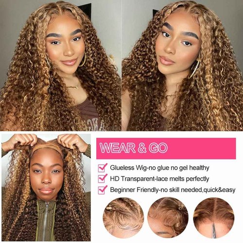 virginess Ombre Highlight Wear and Go Glueless Wigs Human Hair Pre Plucked Pre Cut Deep Wave Lace Front Wigs Human Hair 4x4 Lace Closure Wig for Black Women 180% Density Curly Wig 20 Inch