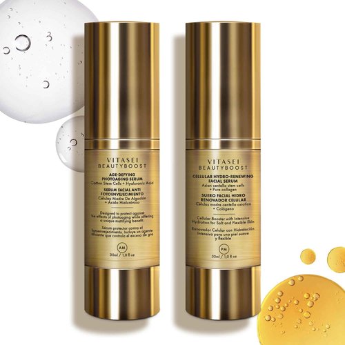 AM/PM Anti-Aging Facial Serum Duo, Deep Hydration, Photoaging Protection with Arabian Cotton Stem Cells & Hyaluronic Acid (AM), Firming & Rejuvenation with Centella Asiatica Stem Cells & Collagen (PM)