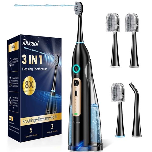 Electric Toothbrush with Water Flosser Combo, Professional Oral Care with 3 Brush Modes & 5 Water Pressure, Rechargeable Flossing Toothbrush for Adults Teeth Cleaning, Cordless for Home&Travel, Black