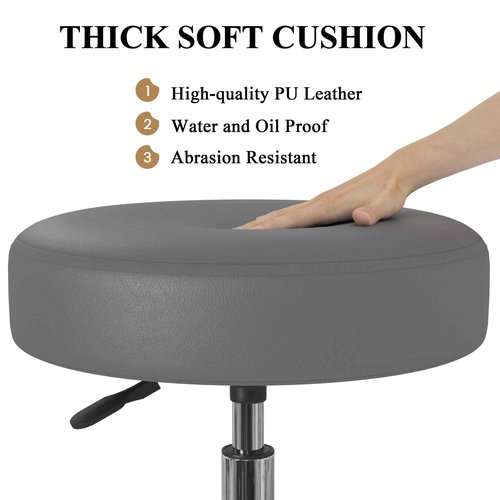 SHA CERLIN Rolling Stool with Wheels Swivel Shop Salon Chair Adjustable Drafting Massage Medical Tattoo Spa with PU Leather Cushioned, Grey