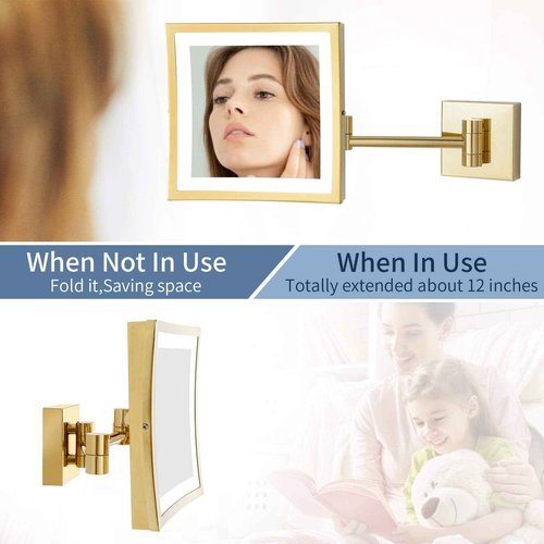DOWRY Wall Mounted LED Lighted 5X Magnifying Square Makeup Mirror with Plug,8 Inch, Polished Gold Finished Dowry1802D-8x5