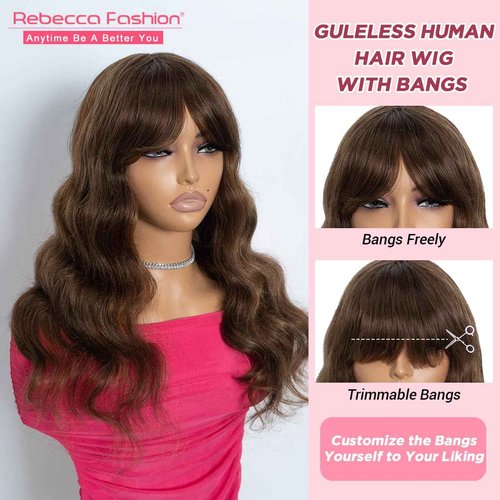 Rebecca Fashion 20 Inch Body Wave Wig with Bangs Human Hair Wigs for Black Women None Lace Front Wigs 10A Brazilian Virgin Hair Glueless Machine Made Wig Highlight Brown Blonde Color
