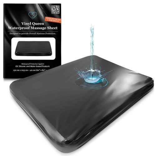 Black Vinyl Queen Waterproof Fitted Massage Bed Sheet with Side Pocket | Mattress Protector, Bed Cover for Nuru Massage - Oil, Water-Based, Silicone Safe | 60'' x 80'' + 15.7'' Deep Pocket