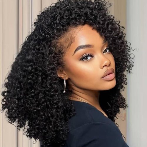 Prosa Kinky Curly Half Wig, 3-in-1 Synthetic Hair with Drawstring Headband, Clip-in Glueless Seamless Flip Over Design, Color 1B, for Women (18inch)