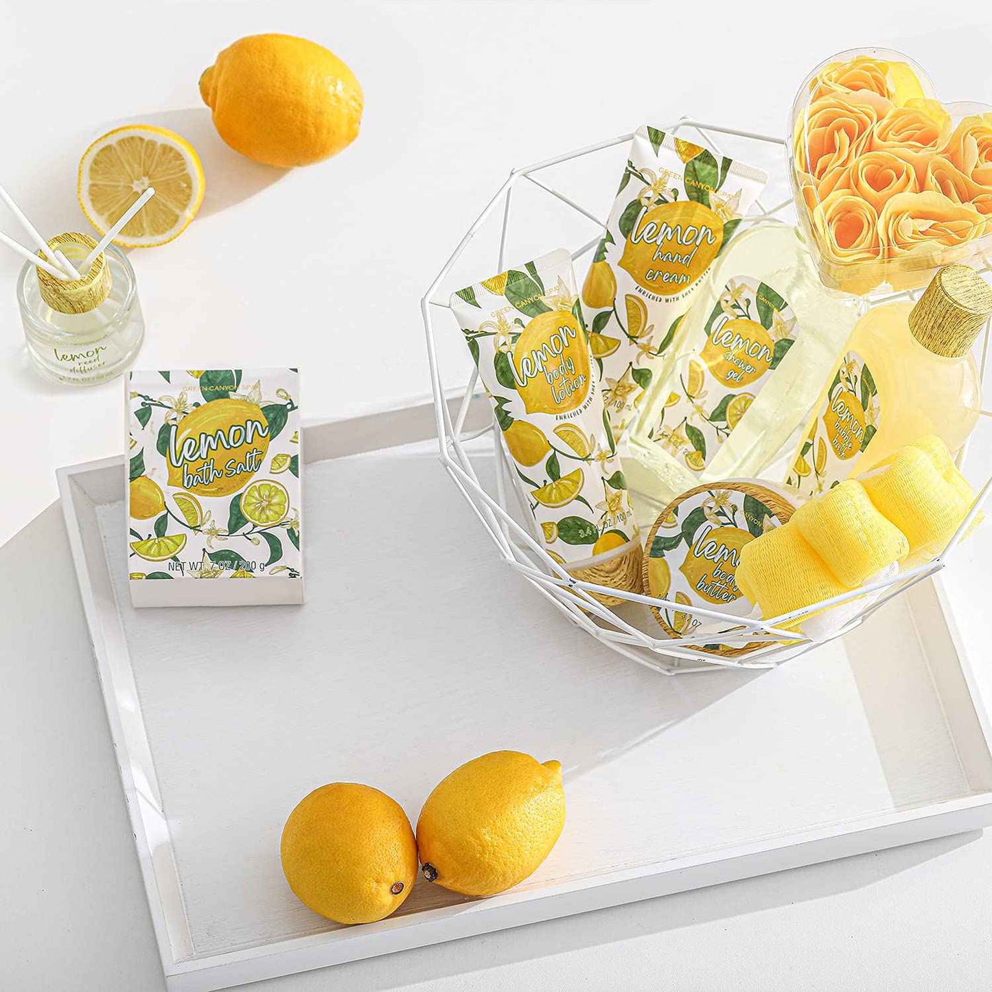 Green Canyon Spa Lemon Scent Home Bath Gift Sets in Tote Bag - 10 Pcs Spa Kit for Women for Valentine's Day, Mother's Day, Birthday