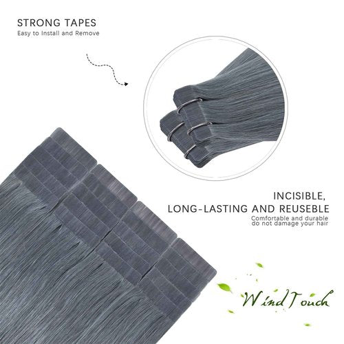 WindTouch Tape in Hair Extensions Silver Gray 100% Human Hair Extensions Straight 20 Pcs 20Inch #gray 50g