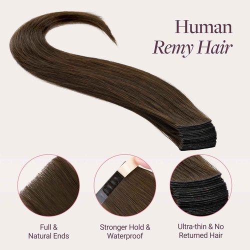 GOO GOO Genius Tape in Hair Extensions, Hand Tied Tape Weft, 4A Chocolate Brown, 14inch 50g 20pcs, Remy Human Hair, Seamless Invisible Tape, Natural Blend, Lightweight