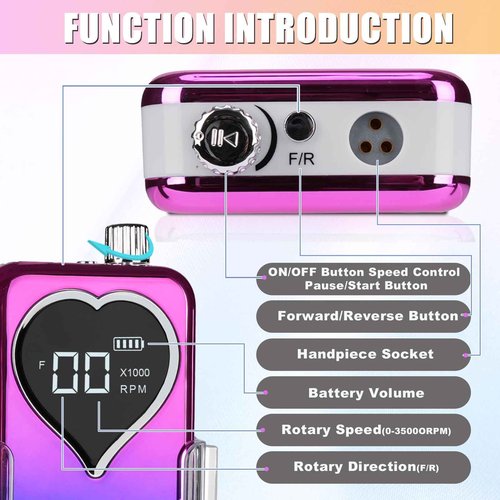 Professional Electric Nail Drill Machine for Acrylic Nails, 35000 RPM Electric Nail File Tool Set, Portable E-File Rechargeable Manicure Pedicure Polish Kit for Home Salon Tech (Heart Sunset Blue)