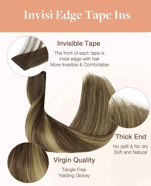 GOO GOO Invisi Edge Tape in Hair Extensions Human Hair, 4/27/4 Balayage Chocolate Brown to Caramel Blonde 20pcs injected with 20pcs classical tape ins, 18inch 100g, Virgin Remy Hair, Natural Look