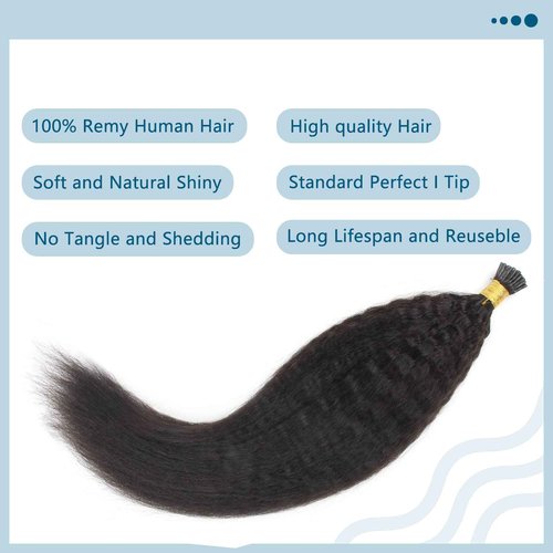 ABH AMAZINGBEAUTY HAIR Best I Tip Human Hair Extensions 24 Inch Kinky Straight Human Hair I Tips Invisible Glue Natural Black Keratin I Tips Brazilian Hair Real Human Hair for Women 50 Strands 50G
