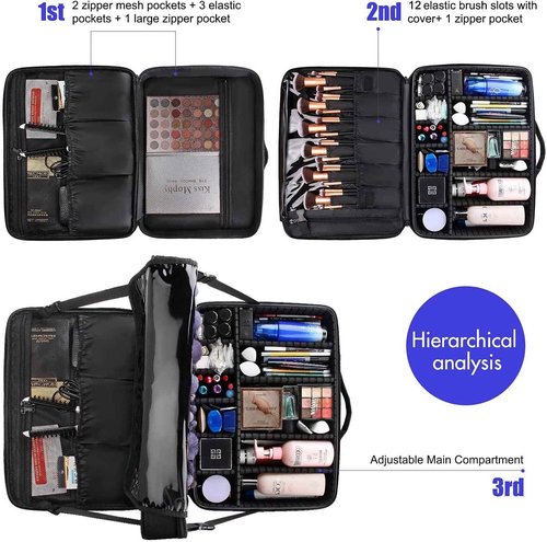 Relavel Extra Large Makeup Case and Makeup Brush Holder Bag, Professional Makeup Organizer, Large Capacity with Adjustable Dividers and Shoulder Strap (Black)