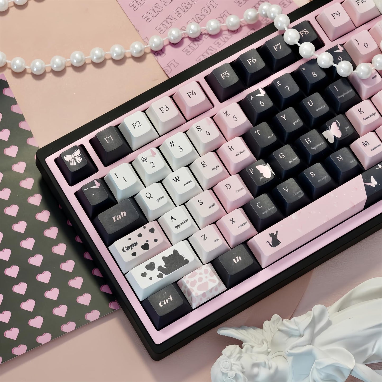 ZMX GMK104 Full Size Mechanical Keyboard Kit with Black & Pink Cute Cat Keycaps Set