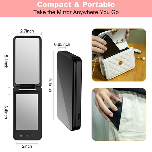 Compact UV Mirror with UV Camera for Sunscreen Test, 4 Inch Rechargable Travel Mirror Handheld Double-Sided Pocket Mirror for Skin Protection