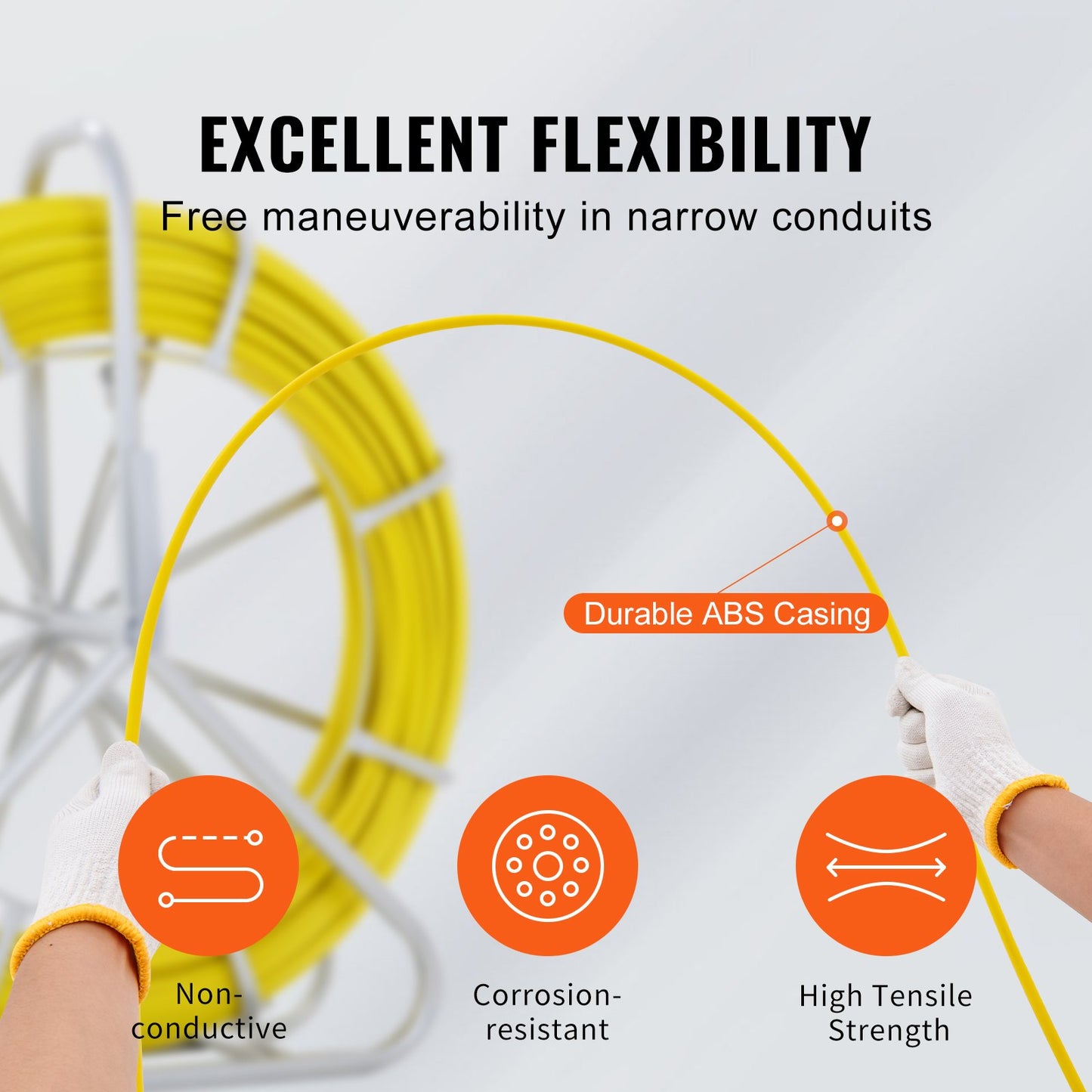 600 Ft Fiberglass Fish Tape with Steel Reel and 3 Pulling Heads - Non-Conductive Wire Puller for Walls and Conduits