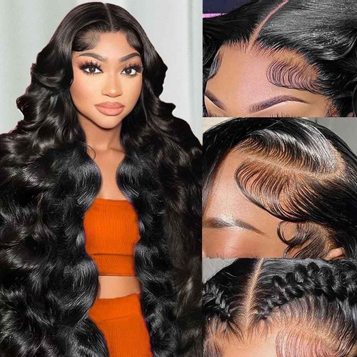 YetFree 28 Inch Body Wave Lace Front Wigs Human Hair Pre Plucked 13x6 HD Lace Frontal Wigs Brazilian Virgin Human Hair 200 Density Glueless Body Wave wig with Baby Hair Natural Black