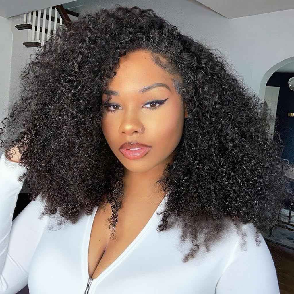 Kinky Curly Half Wig Human Hair Drawstring Seamless Flip Over Half Curly Wig Human Hair Invisible Hairline Glueless Wear and Go Wigs For Black Women Beginner Friendly 20Inch 200% Density