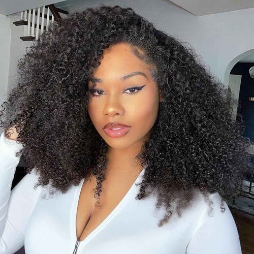 Kinky Curly Half Wig Human Hair Drawstring Seamless Flip Over Half Curly Wig Human Hair Invisible Hairline Glueless Wear and Go Wigs For Black Women Beginner Friendly 18Inch 200% Density