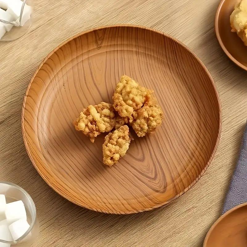 10 Creative Wood Grain Plastic Plates - Round Striped Design,