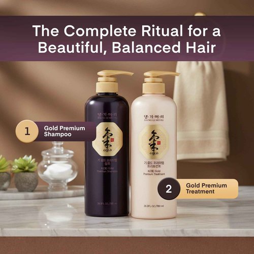 DAENG GI MEO RI - Ki Gold Premium 2 Shampoo 780ml + 1 Treatment 780ml + 10 Traveling Pouch Samples 10ml Set, Samples may vary.