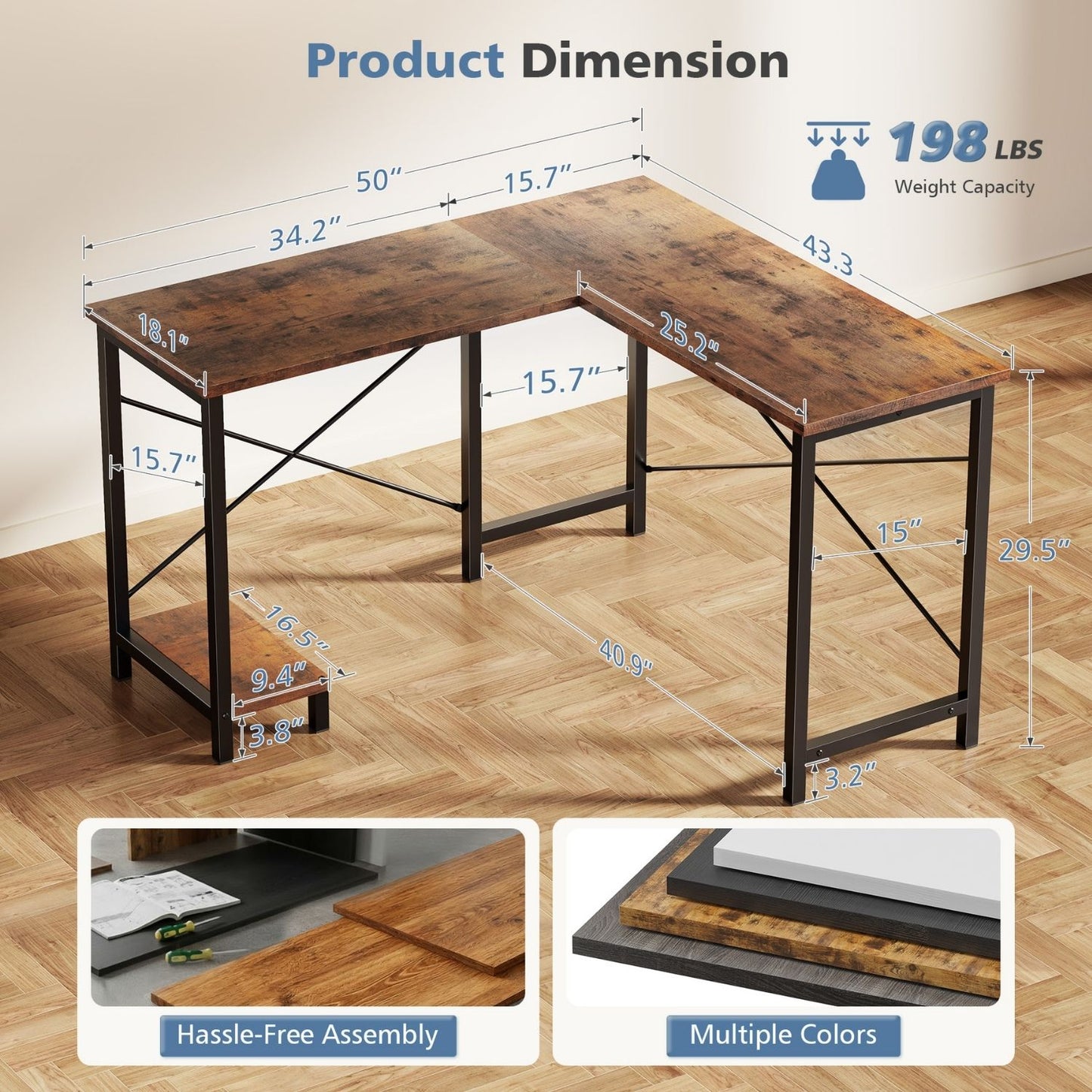 49-Inch L-Shaped Computer Desk with CPU Stand - Brown