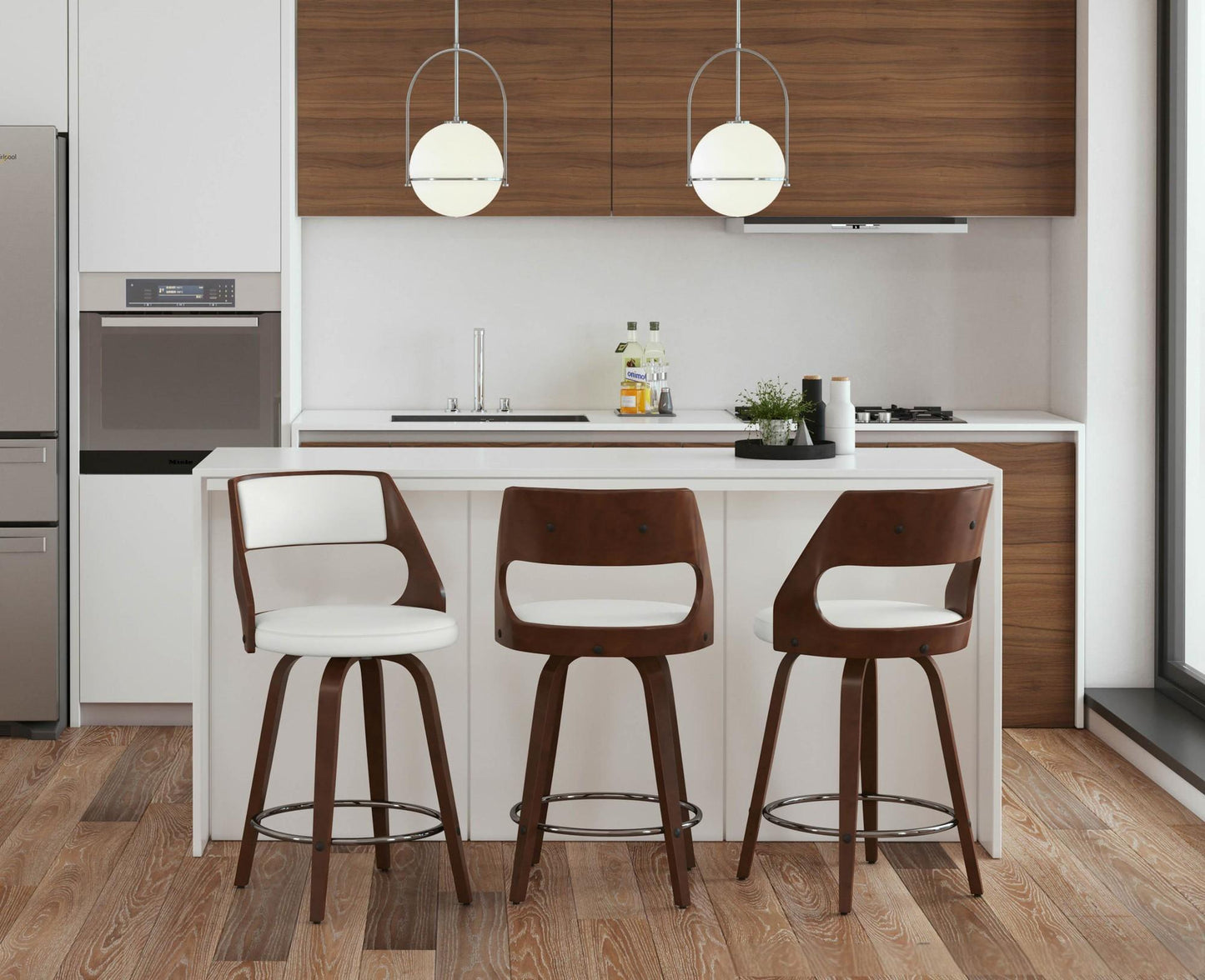 Mid-Century Modern Swivel Counter Stool Set of 2 - Cherry & White Faux Leather