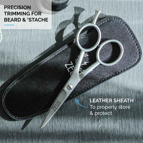 ZEUS Stainless Steel Beard Trimming Scissors with Leather Case, Facial Hair Clipping Tool for Barber Quality Beard & Mustache Trim (Made In Germany)