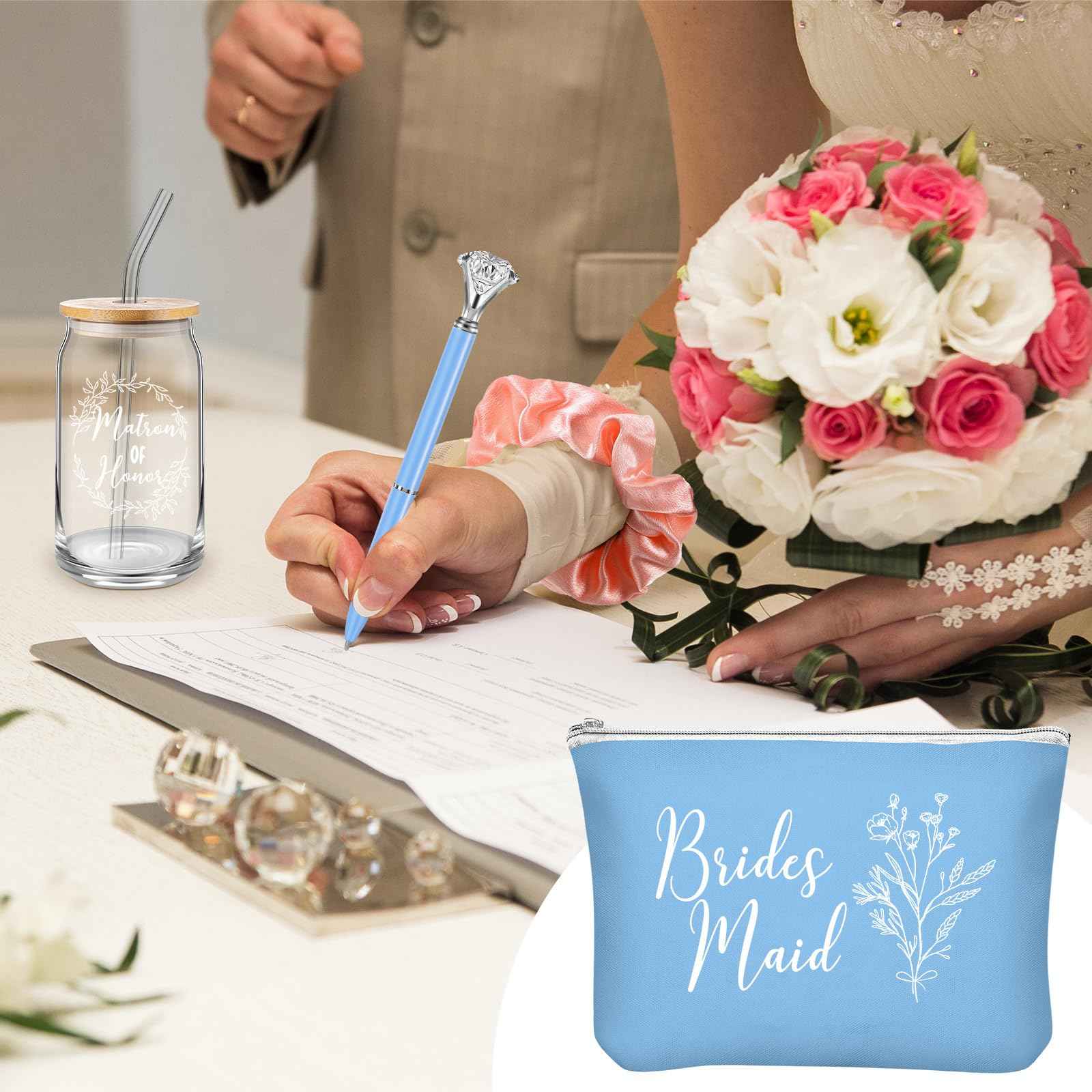 Irenare 48 Pcs 8 Set Bridesmaid Proposal Gifts Maid of Honor Gifts Bridal Shower 16oz Glass Cups Cosmetic Makeup Bags Invited Cards Scrunchies Hair Knotted Bracelets Diamond Pens(Blue)