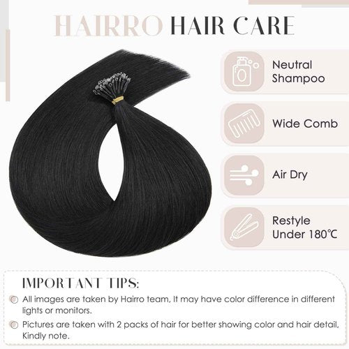 Hairro Nano Beaded Human Hair Extensions Pre Bonded Cold Fushion Nano Bead Nano Ring Keratin Tip Remy Hair Extensions For Women 24inch 50g/PACK 50 Strands #01 Natural Black