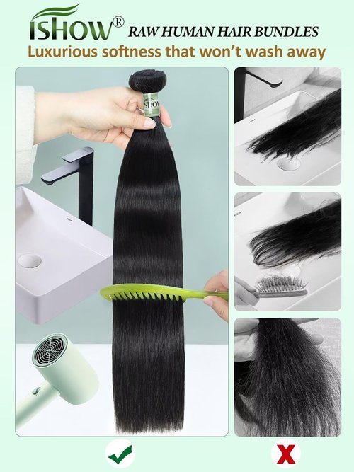 ISHOW Raw Human Hair Bundles, 100% Unprocessed Virgin Human Hair, 15A Straight Premium Quality Bundles Producer, 10 Inch Single Bundle, Long Lasting, Color 1B