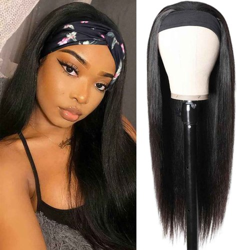 Headband Wig Human Hair Straight Headband Wigs Brazilian Virgin Hair 150% Density None Lace Front Wigs Human Hair Glueless Headband Half Wig for Women Natural Color 22 Inch