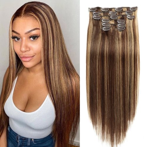 Asteria Hair Clip In Hair Extensions Real Human Hair for Women Highlights Chocolate Brown to Caramel Blonde Colored Hair Extensions Straight Hair 7pcs 120g 20 Inch