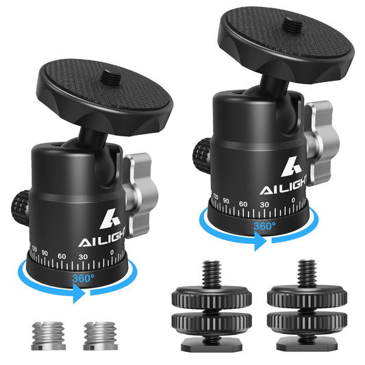 Ailight Mini Ball Head, 360° Panoramic Tripod Head, Universal 1/4" to 3/8" Screw Adapter Swivel Mini Ball Head Screw Tripod Mount, Dual Cold Shoe Mount for DSLR Cameras Camcorder（2 Pack