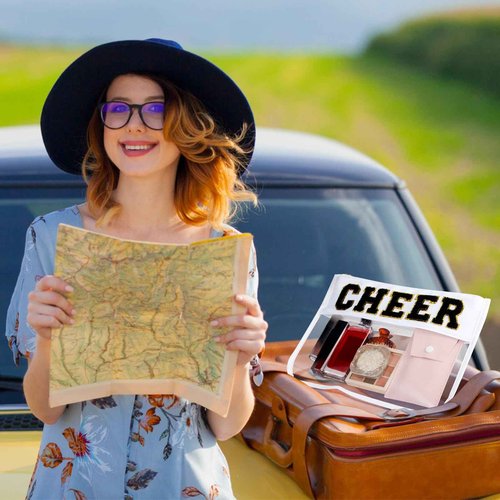 Aliceset 12 Pcs Cheer Chenille Letter Bags, Clear Makeup Cosmetic Bag for Cheerleader Gifts, Preppy Patch Zipper Pouch, Waterproof PVC Travel Toiletry Organizer Women Girls (Black, White, Hot Pink)