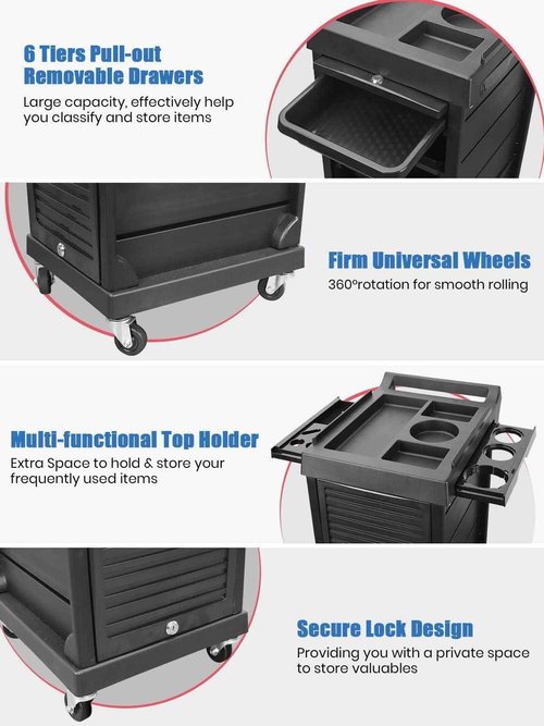 EBANKU Salon Beauty Rolling Trolley Cart, Black Hair Salon Storage Cabinet Barber Organizer Tool Multi Drawers Rolling Cart Free Standing Furniture with 4 Universal Wheels Hair Salons Supplies