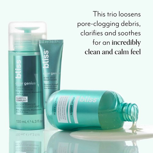 Bliss Clear Genius Trio: Clarifying Toner + Serum, Cleanser and Spot Treatment - Pore Purifying, Removed Excess Dirt & Oils - Clean, Cruelty-Free Skin Care