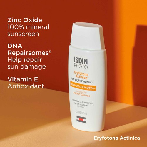 ISDIN Eryfotona Actinica Zinc Oxide and 100% Mineral Sunscreen Broad Spectrum SPF 50+, No White Cast, Suitable for Sensitive Skin, 3.4 Fl Oz