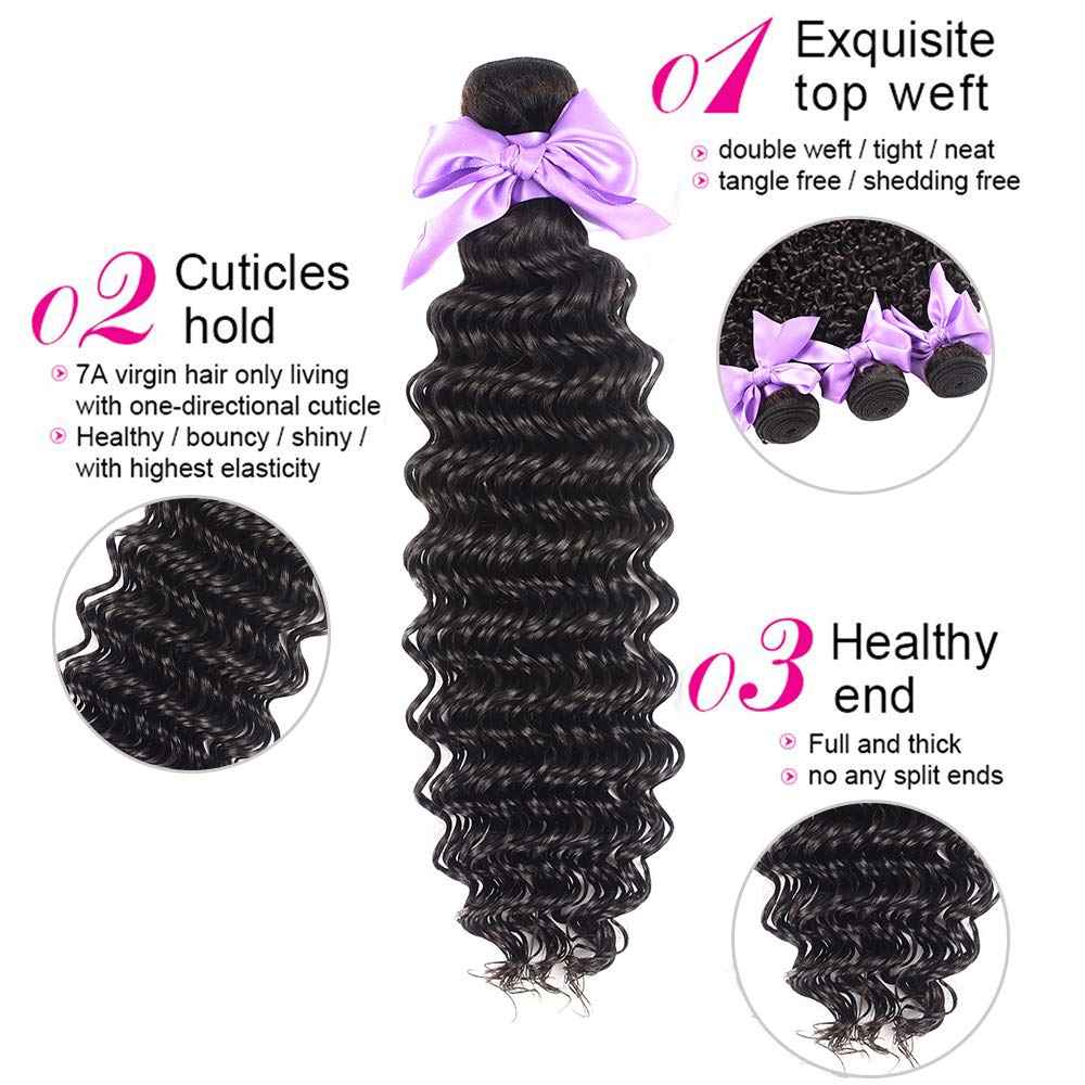 3 Bundles Deep Wave Virgin Human Hair with Lace Frontal Unprocessed Human Hair Extensions Natural Black Color (10 12 14+10)