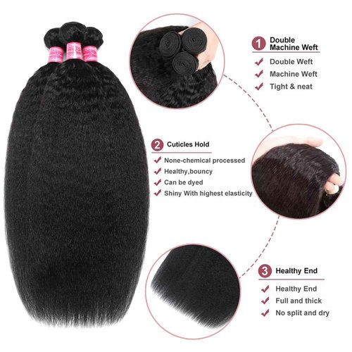 Releek Kinky Straight Hair Bundles Yaki Straight 3 Bundles Human Hair 16 18 20 Inch 12A 100% Unprocessed Brazilian Kinkycurly Bundles Human Hair Weave Bundles Human Hair Extensions Natural Black