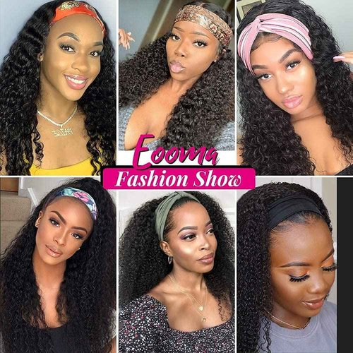 Eooma Glueless Wigs Human Hair Curly Headband Wig for Black Women (20 inch) Brazilian Remy Hair Curly None Lace Front Wigs Human Hair Scarf No Gel Wigs