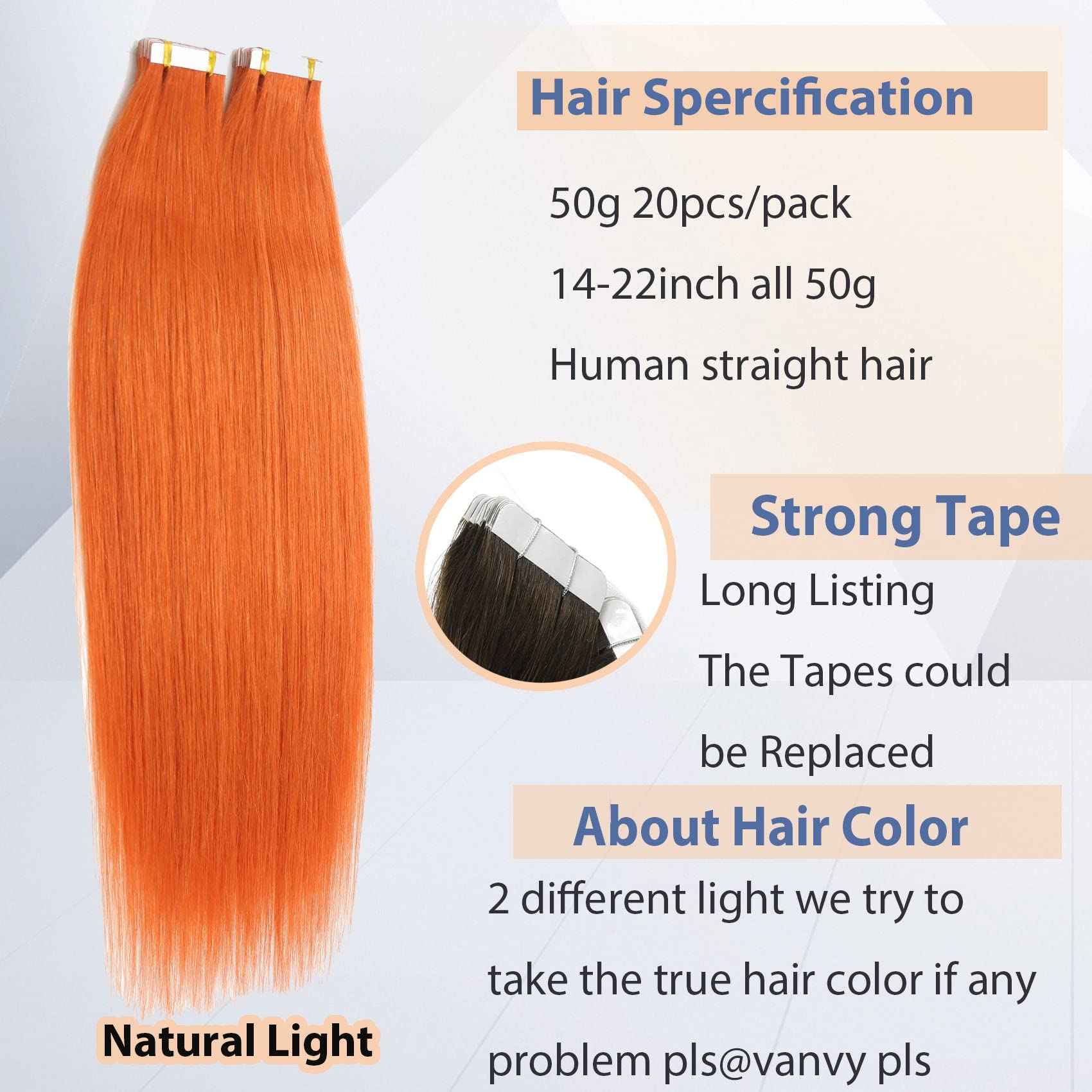 20Inch Orange Tape In Hair Extensions Human Hair Ginger Red Hair