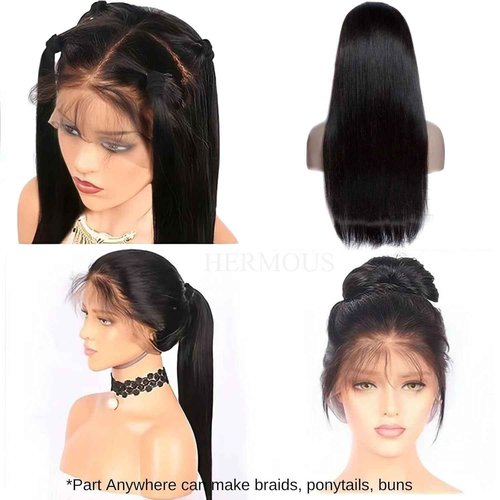 HERMOUS Full Lace Human Hair Wigs Straight HD Transparent Lace Pre Plucked Handmade Whole Lace Wig 12A Brazilian Virgin Remy Hair 180% Density Full Lace Wig Natural Black 8 Inch