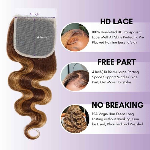 AUROO Honey Blonde Highlight Body Wave Bundles with Closure Human Hair, 12A 100% Thick Track Virgin Brazilian Wavy Weave P4/27 Ombre Brown Colored Bundles with 4x4 Closure Pre Plucked Remy 10 12 14+10