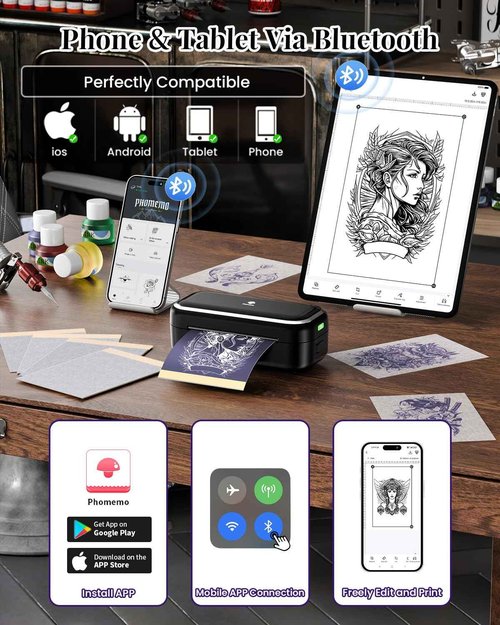 Phomemo TP31 Tattoo Stencil Printer -Mini Tattoo Printer Machine with 30pcs Transfer Paper,Small Portable Tattoo Machine for Beginners/Enthusiast/Artists,Easy to Use with Smartphone,Pad- Black