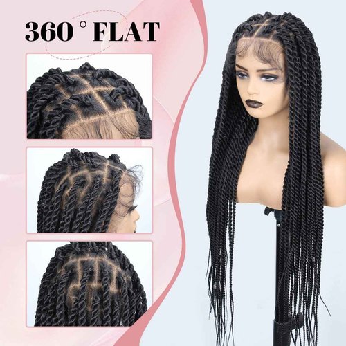 QUISDUIS Senegal Twist Wigs, 36 "360° HD Full Single-layer Lace Two Braid Wigs for Black Women Square Knotless 2 Braid Wig with Baby Hair Handmade Synthetic Hair Blended Lace Front Wig Natural Black