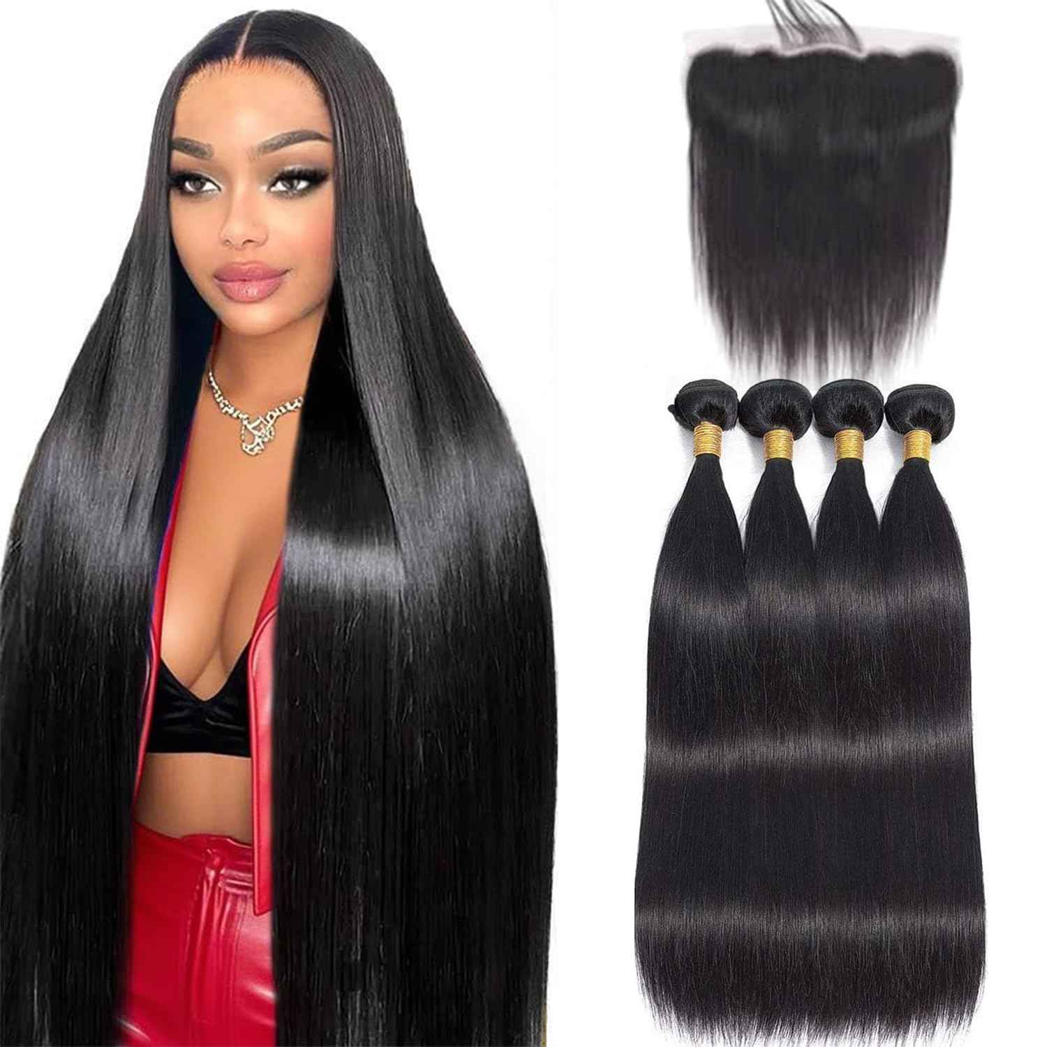 Human Hair Bundles with Frontal Closure (18 20 22 24+16,Free Part), 4 Bundles Human Hair with 13x4 HD Lace Frontal,100% 16A Virgin Brazilian Straight Human Hair Bundle Extensions Double Weft