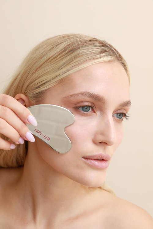 Skin Gym Silver Facial Roller and Gua Sha Tool Workout Skin Care Set for Wrinkles and Fine Lines - Anti Aging Face Lift Beauty Tool - Improve Skin Appearance and Achieve Radiant Glow