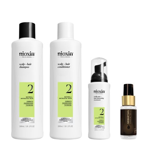 Nioxin System 2 Kit, Cleanse, Condition, and Treat the Scalp for Thicker and Stronger Hair, 3 Month Supply + Sebastian Professional Dark Oil Lightweight Hair Oil, Infused With Jojoba & Argan Oil