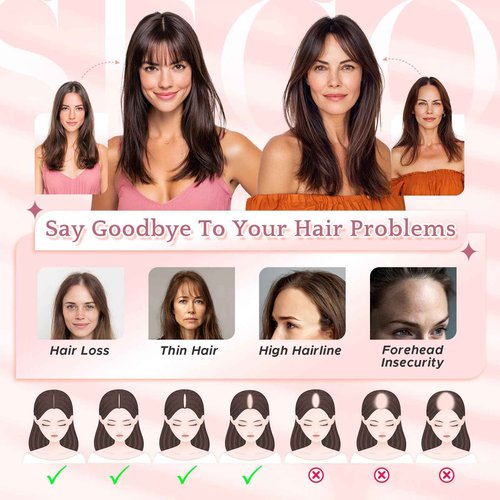 SEGOHAIR Hair Toppers for Women Real Human Hair with Bangs 360°Cover 3D Clips 2.76"x4.33" Breathable Lace Base 11 Inches Lightweight Hairpieces Curtain Bangs Medium Brown