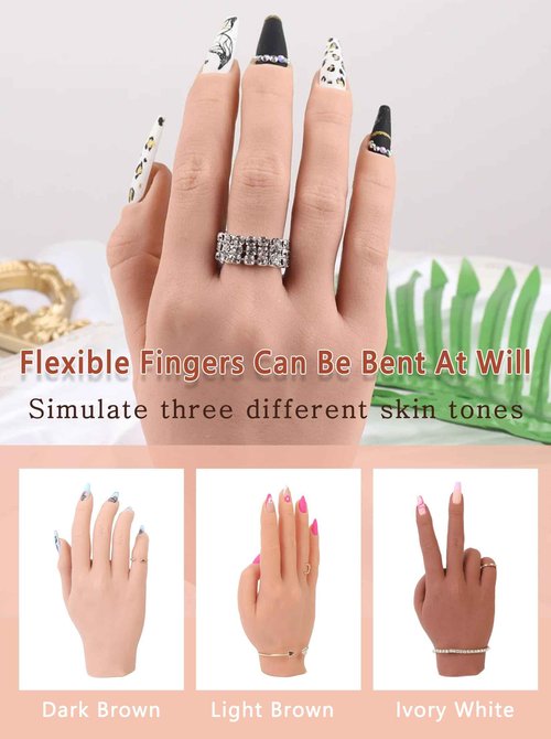 Silicone Practice Hand for Acrylic Nails with Stand Bracket, Flexible Bendable Nail Training Hand Technician Manicure Supply, Reusable Mannequin Hands for Nails Practice(Right Hand,Ivory White)